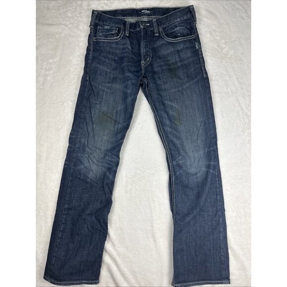 Silver Jeans Men’s Size 33 Dark Blue ZAC Selvedge Thick Stitch Faux Flap *STAIN* - Picture 1 of 16